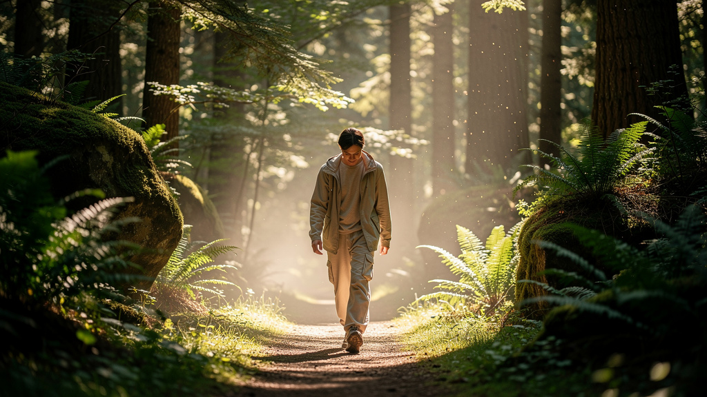 Person walking mindfully through peaceful forest setting