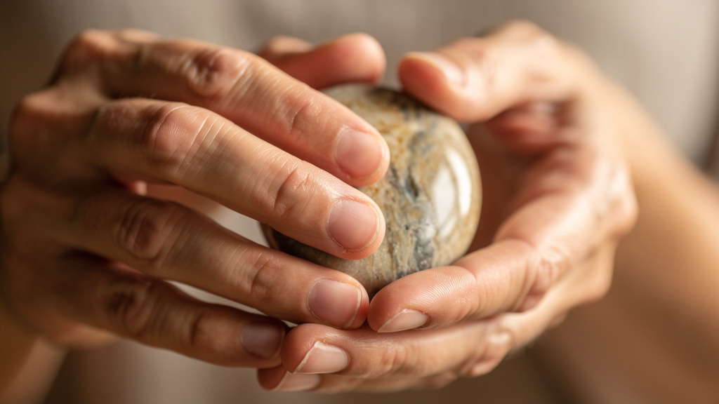 Hands gently holding smooth stone during mindfulness practice