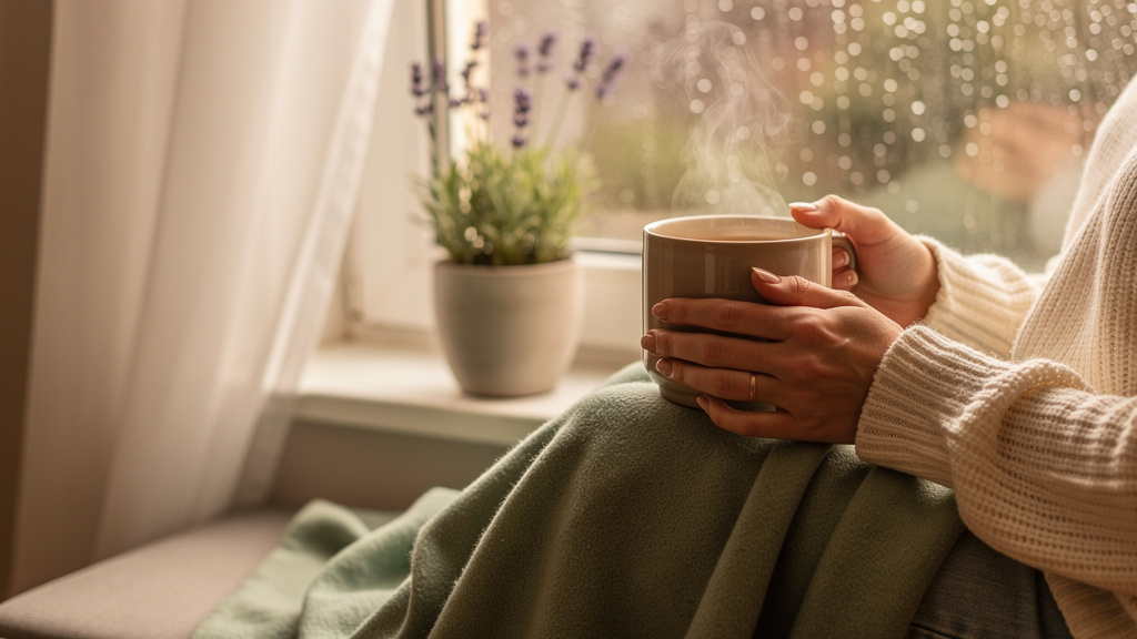 Hands holding warm tea by window creating peaceful moment