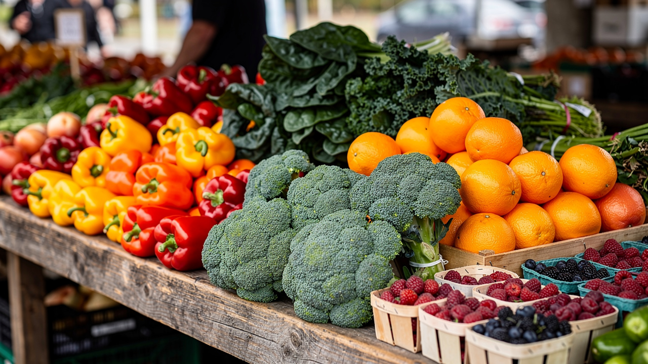 Fresh antioxidant-rich fruits and vegetables at farmers market