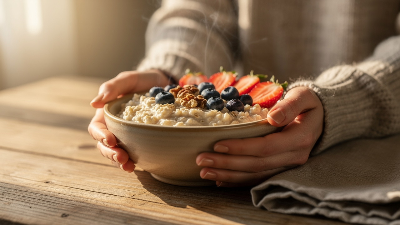 Hands holding nutritious oatmeal breakfast bowl