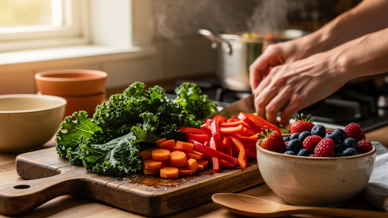 Fresh healthy vegetables being prepared in warm kitchen