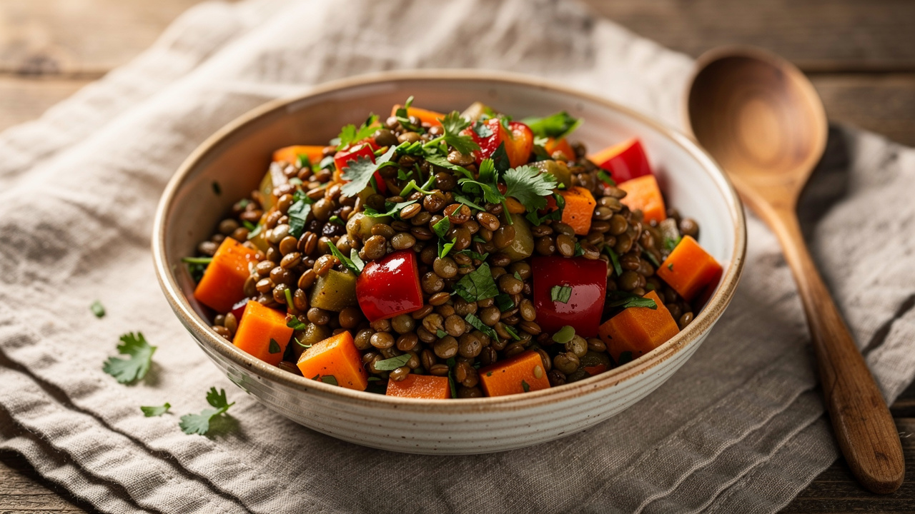 Nourishing lentil bowl with colorful vegetables and herbs