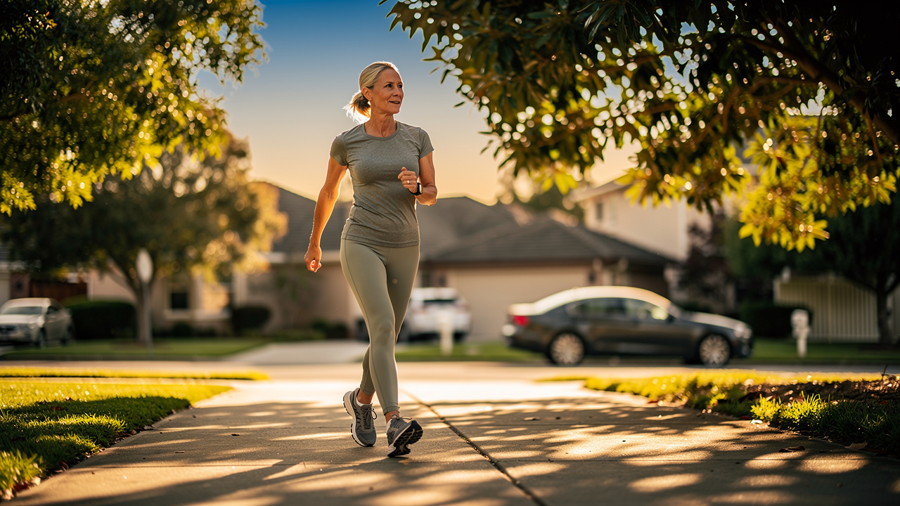 Woman walking for exercise in neighborhood for cancer prevention