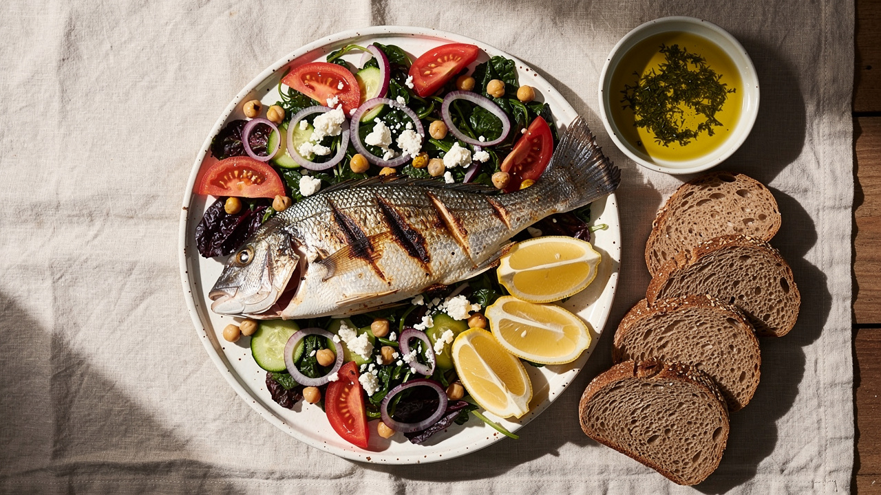 Mediterranean diet meal with fish, vegetables, and whole grains