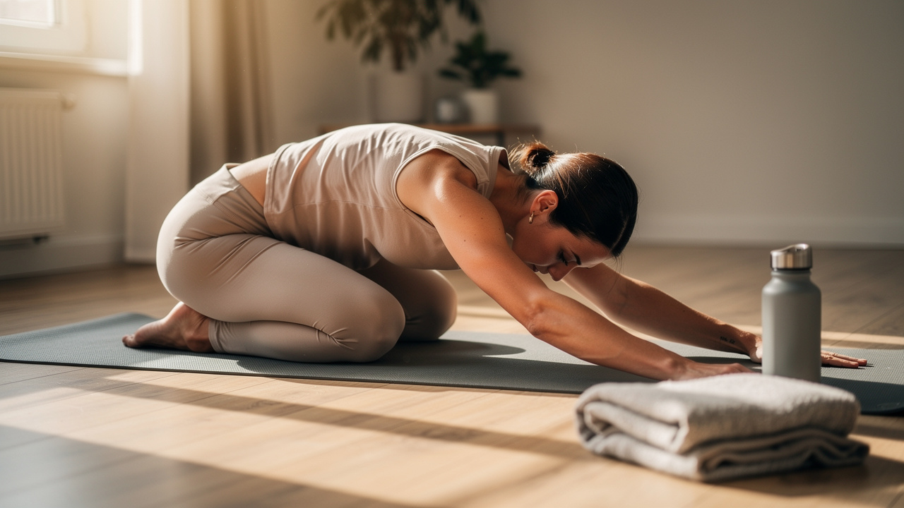 Person practicing gentle yoga in peaceful home