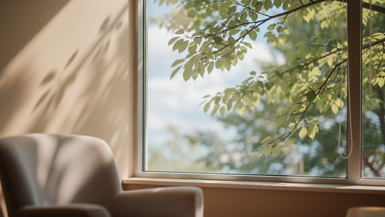 Peaceful view of nature through care room window