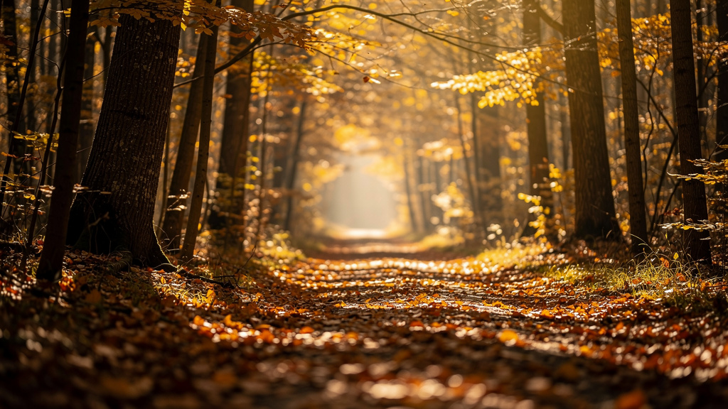 Quiet forest path with autumn leaves and dappled sunlight