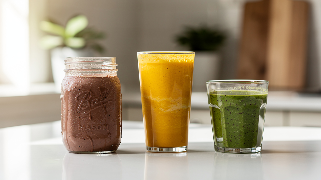 Three colorful smoothies in different glasses on kitchen counter