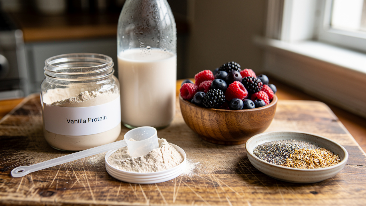 Essential smoothie ingredients including protein powder and fresh berries