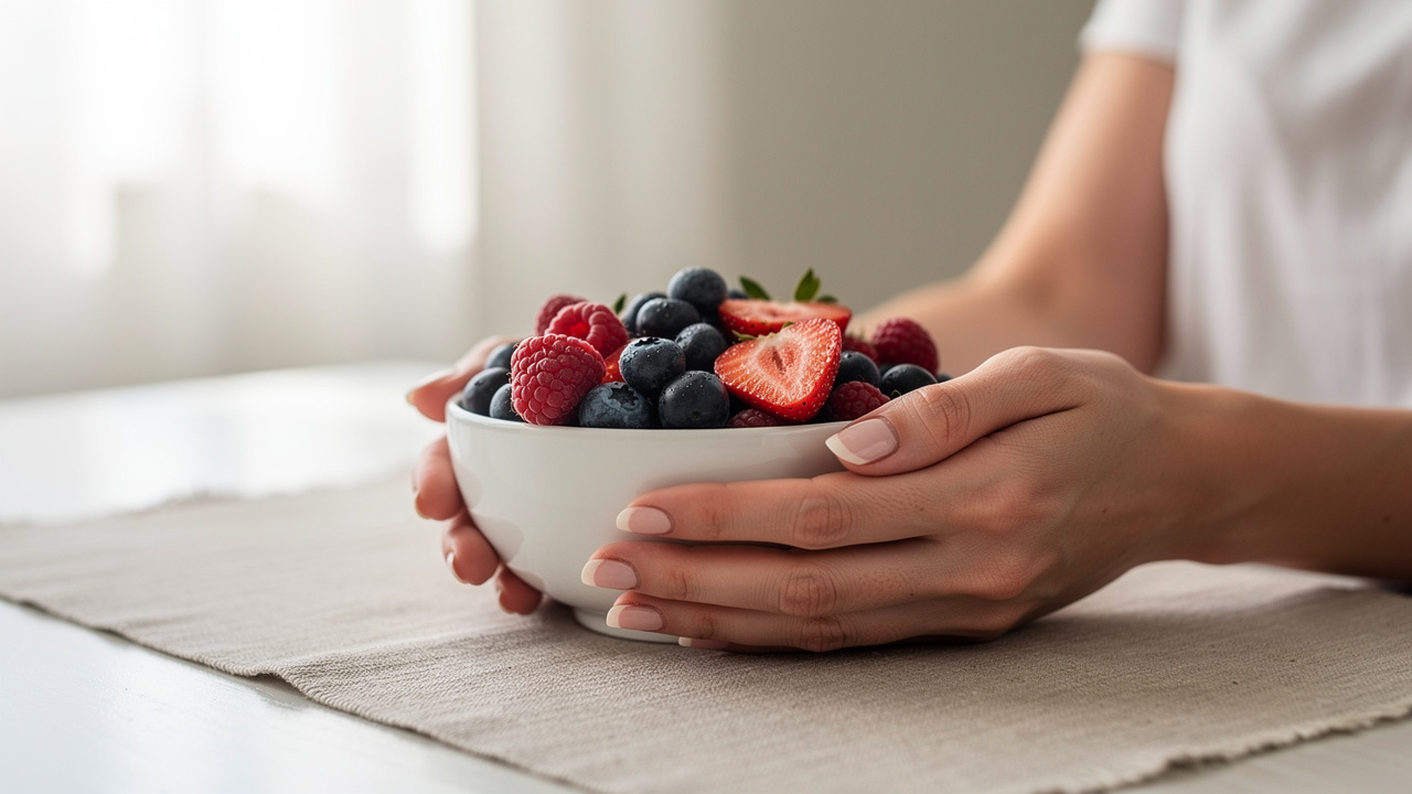 Peaceful moment of mindful eating with fresh berries
