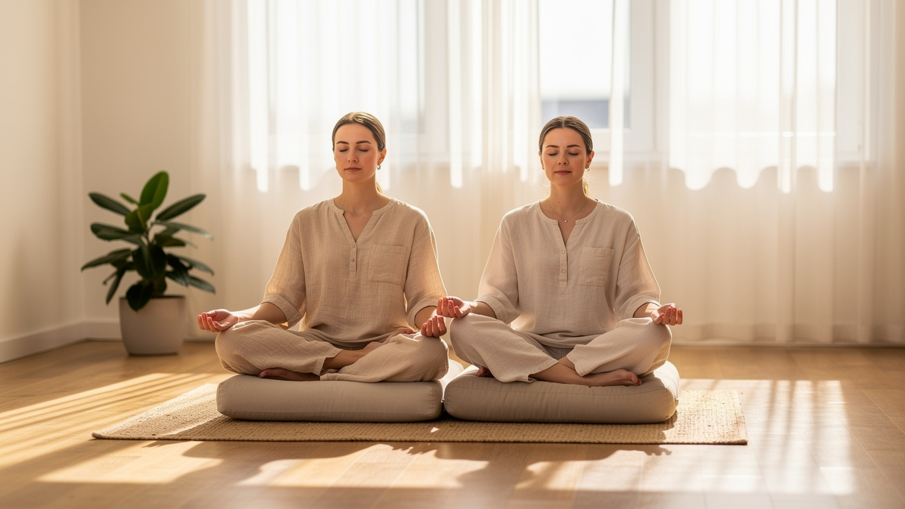 Two people meditating together in peaceful home setting