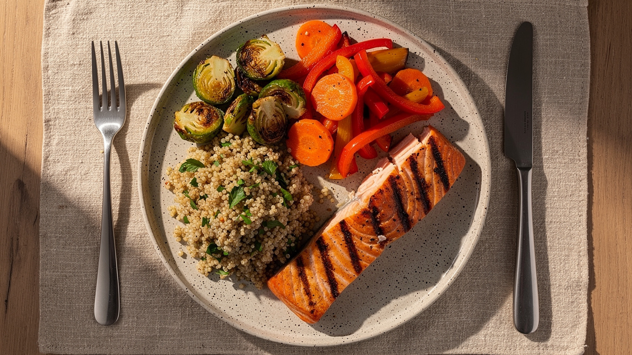 Balanced dinner plate with salmon, vegetables, and whole grains
