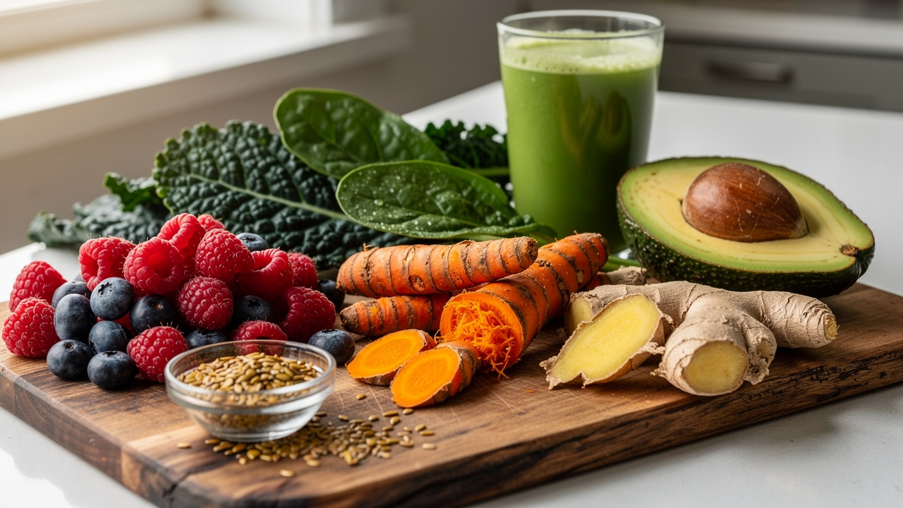 Colorful antioxidant-rich fruits vegetables and superfoods on board