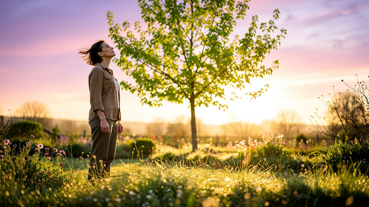Person standing peacefully in a garden at dawn, quietly hopeful