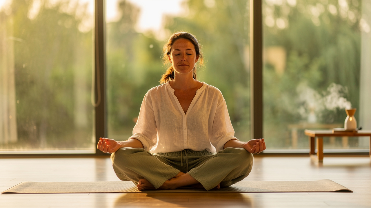 Person meditating in sunlit room as part of cancer care routine