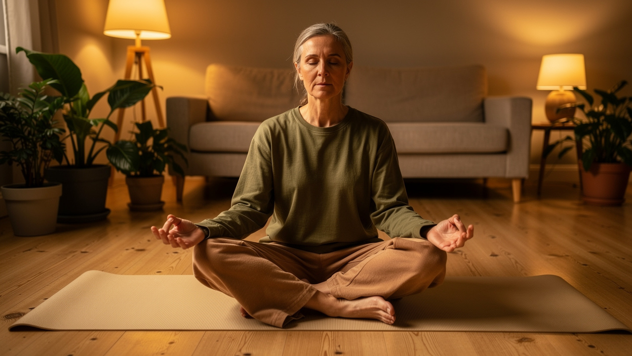 Person meditating peacefully on yoga mat in warm room