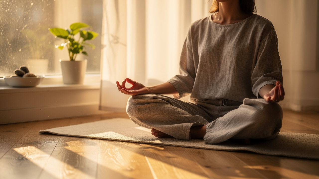 Cancer patient practicing mindfulness meditation by sunny window