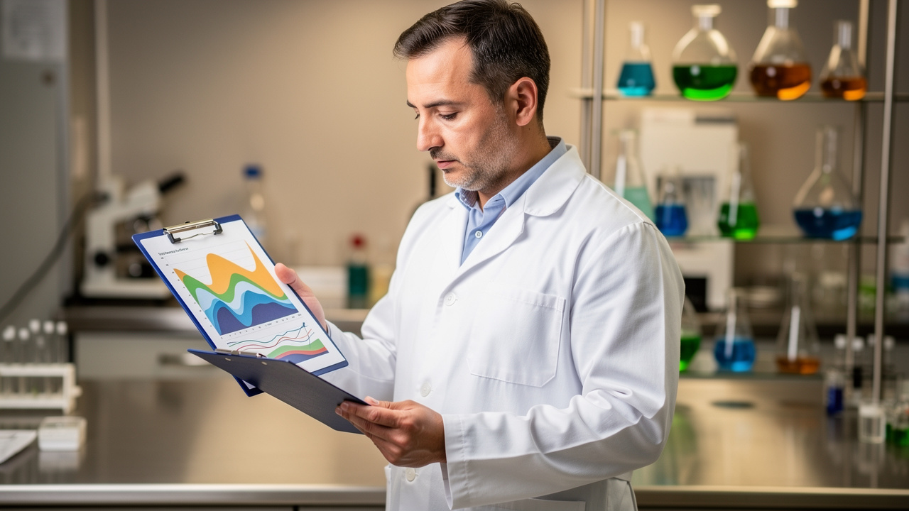 Researcher reviewing cancer study data in a professional laboratory