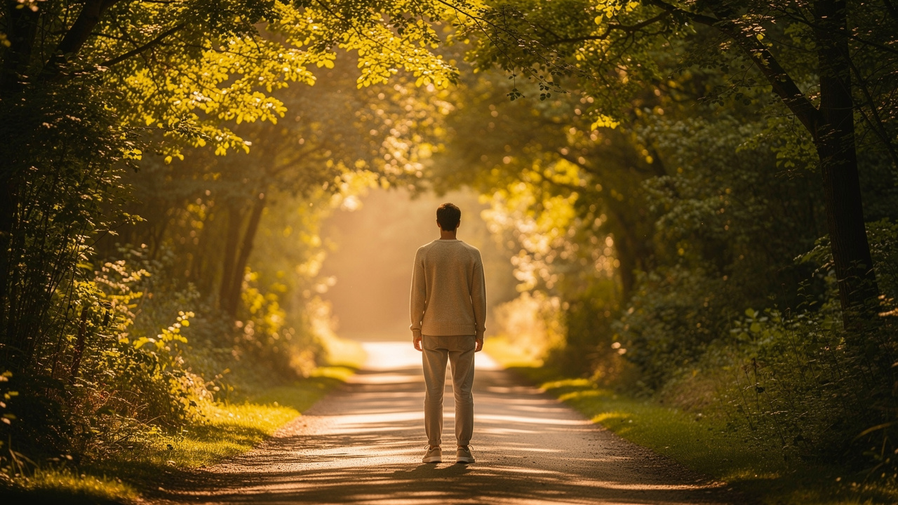Person walking forward on peaceful sunlit tree-lined path