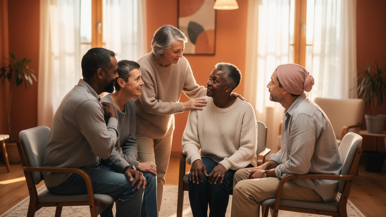 Cancer support group members sharing empathy and connection