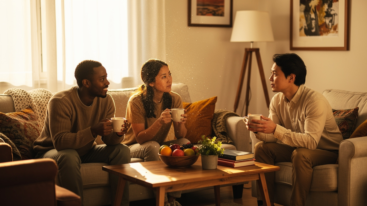 Diverse cancer support group sharing comfort in a warm living room
