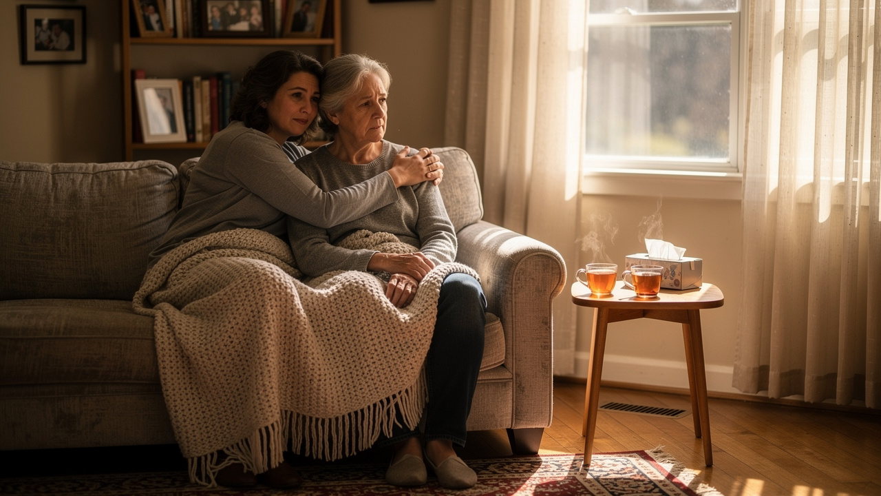 Caregiver and patient sitting together in quiet support
