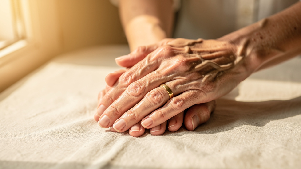 Two hands clasped together offering emotional support during cancer