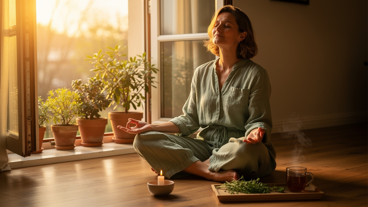 Woman meditating by a window practicing holistic cancer care