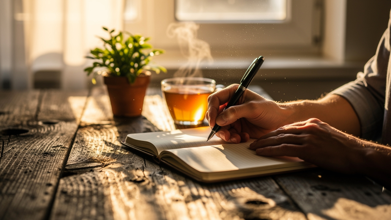 Person writing in a hope journal by a sunny window