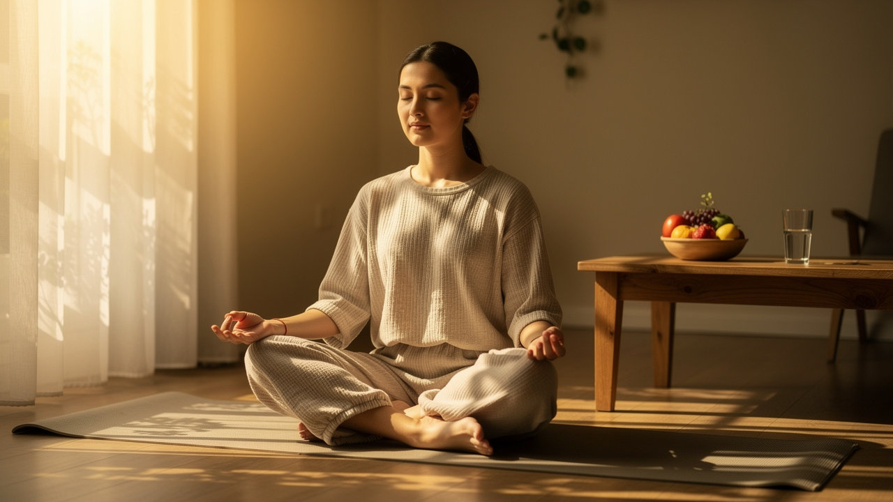 Person meditating peacefully with nourishing food nearby
