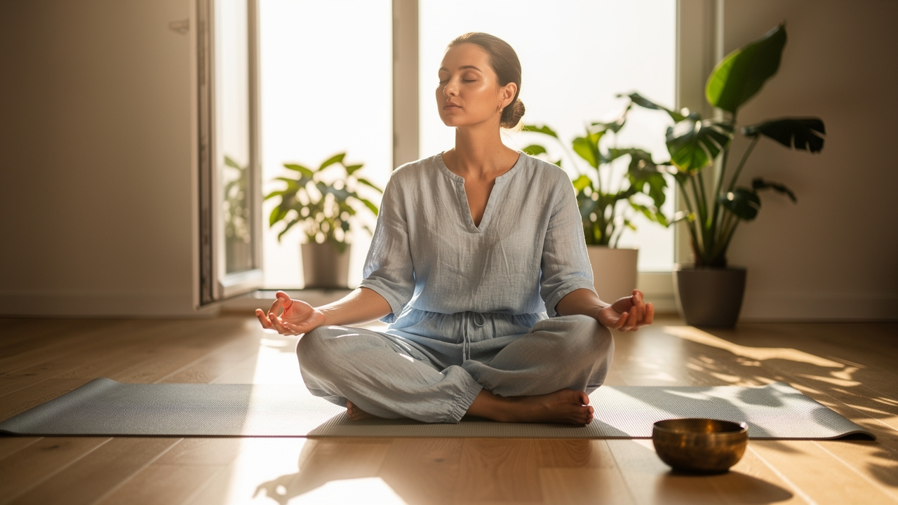 Person meditating cross-legged by open window in morning light