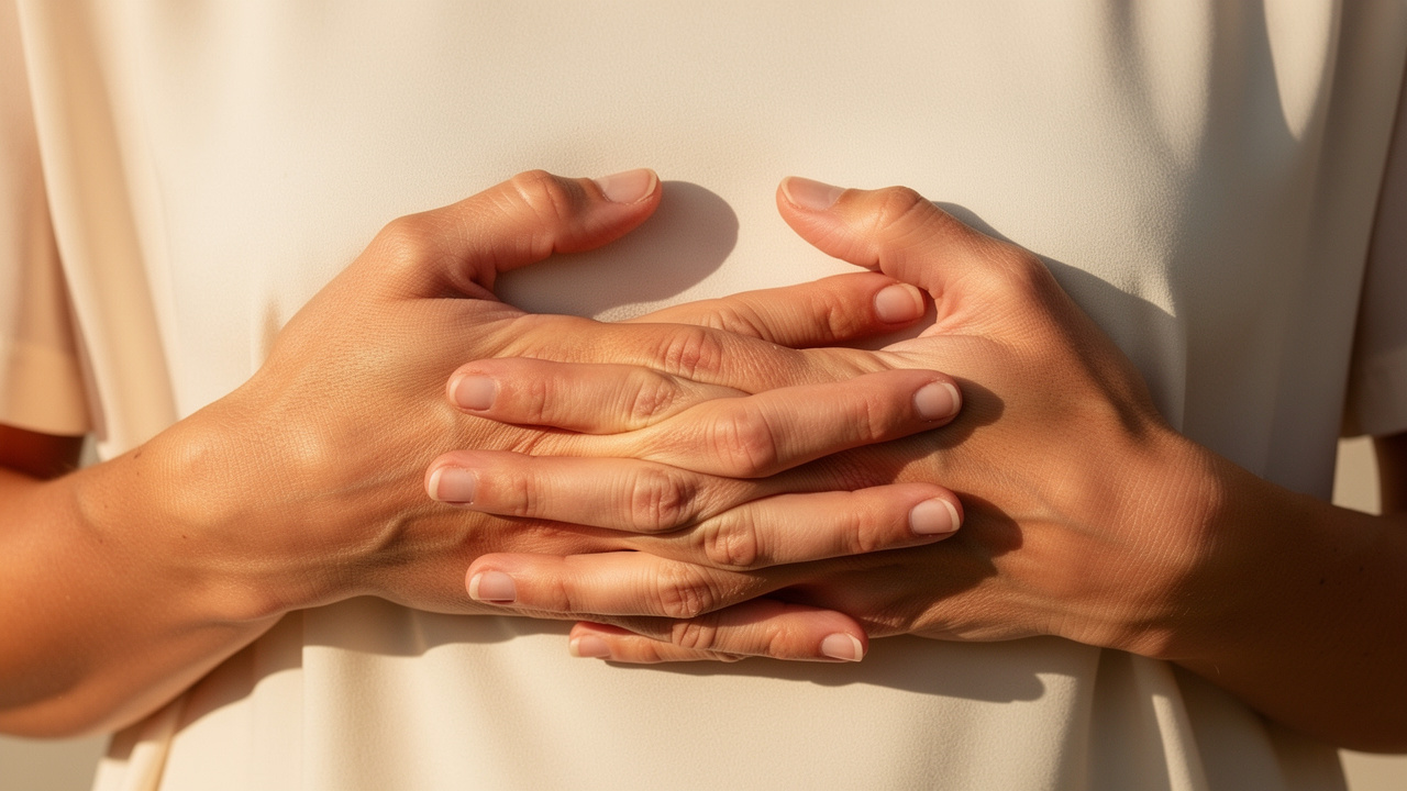 Gentle hands placed over heart in mindful self-compassion