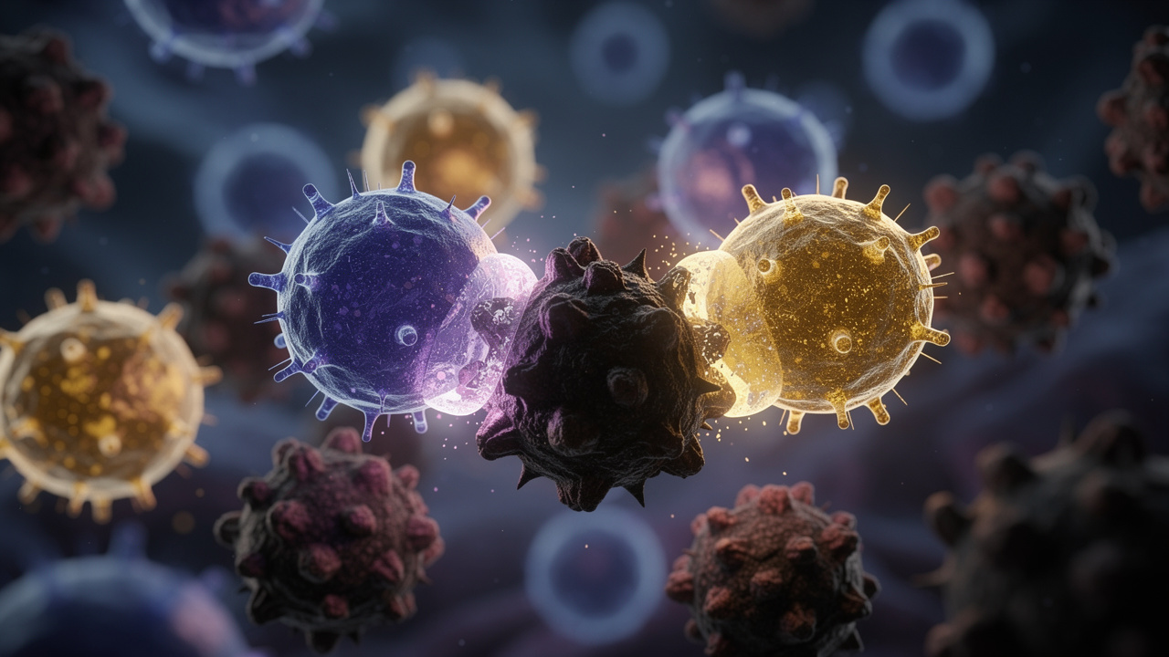 Natural killer cells and T-cells attacking cancer cells