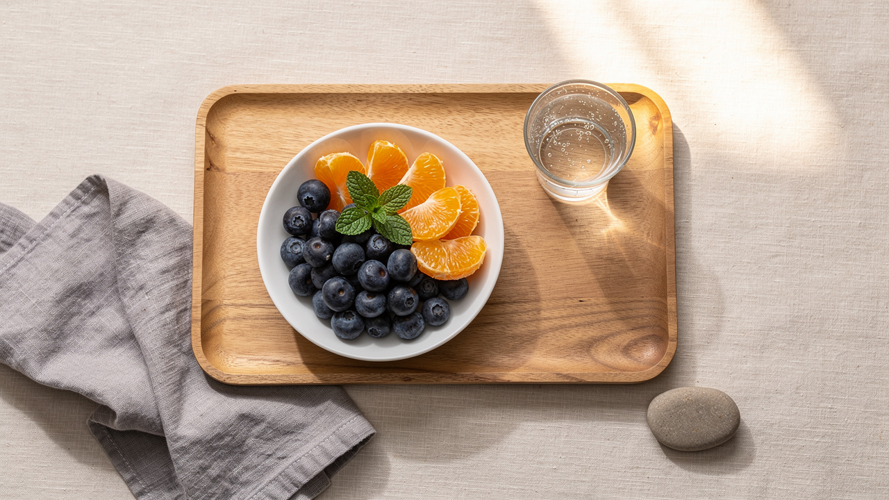 Nourishing fresh fruit and water on a wooden tray