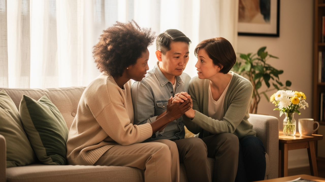 Small group of adults sharing supportive connection in warm living room