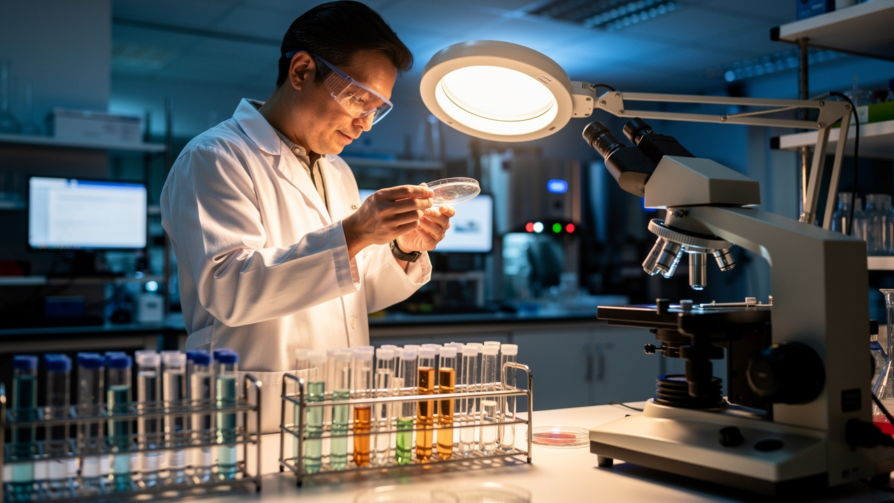 Scientist researching oncolytic virotherapy in a modern laboratory