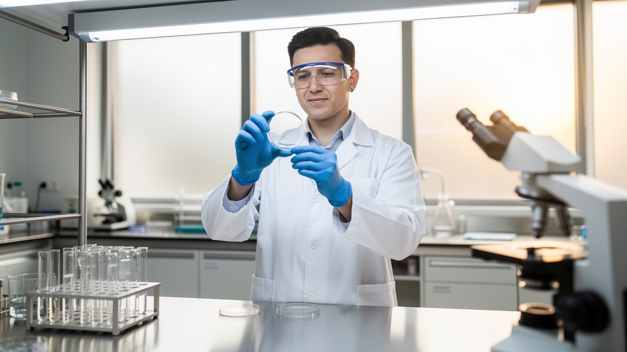 Scientist examining research sample in modern laboratory setting