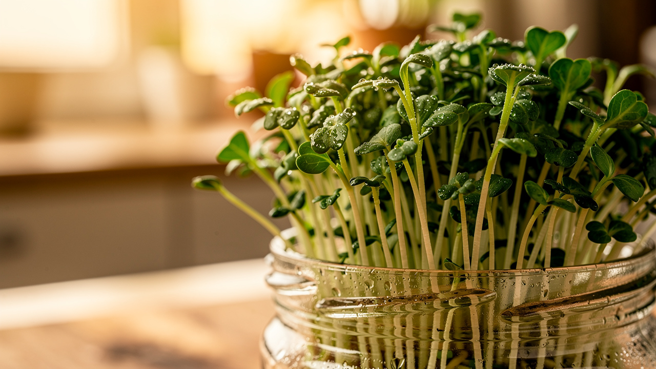 Fresh broccoli sprouts rich in sulforaphane in a glass jar