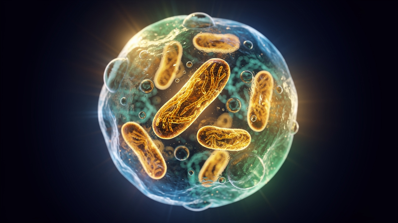 Glowing cell structures illustrating glucose metabolism and cancer