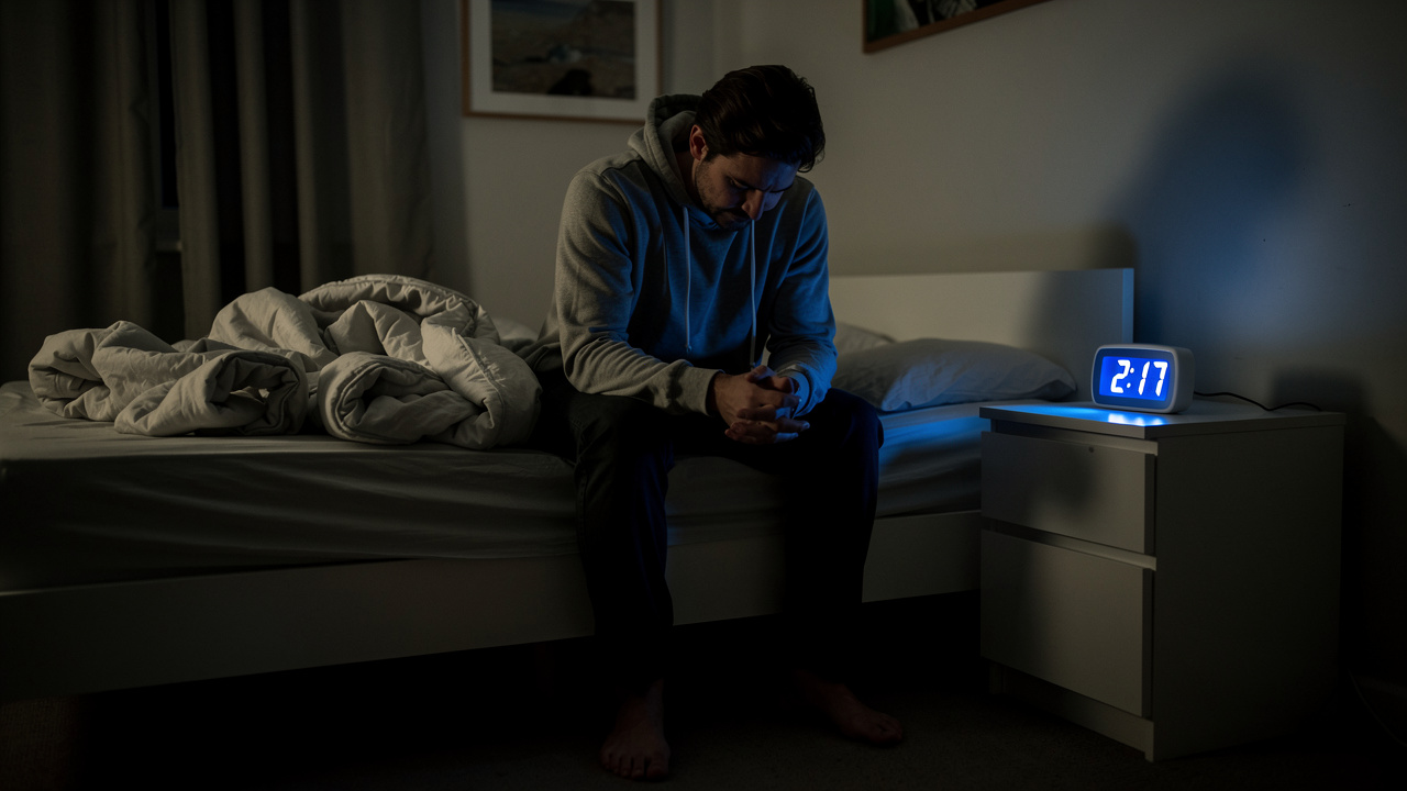Person sitting awake on bed during restless night
