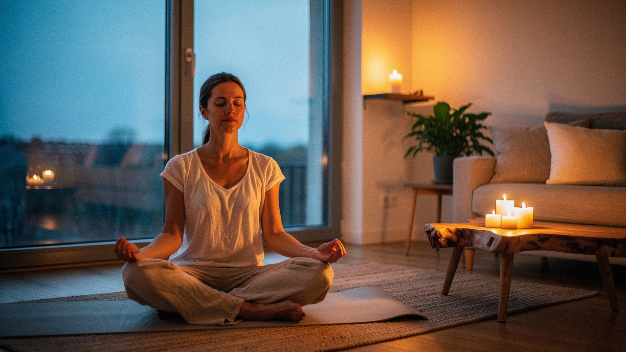 Person meditating at home during peaceful evening routine