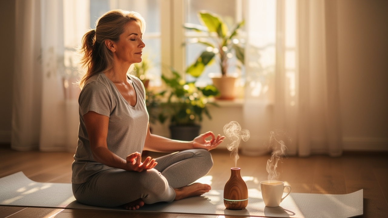 Cancer patient practicing mindfulness meditation at home before appointment