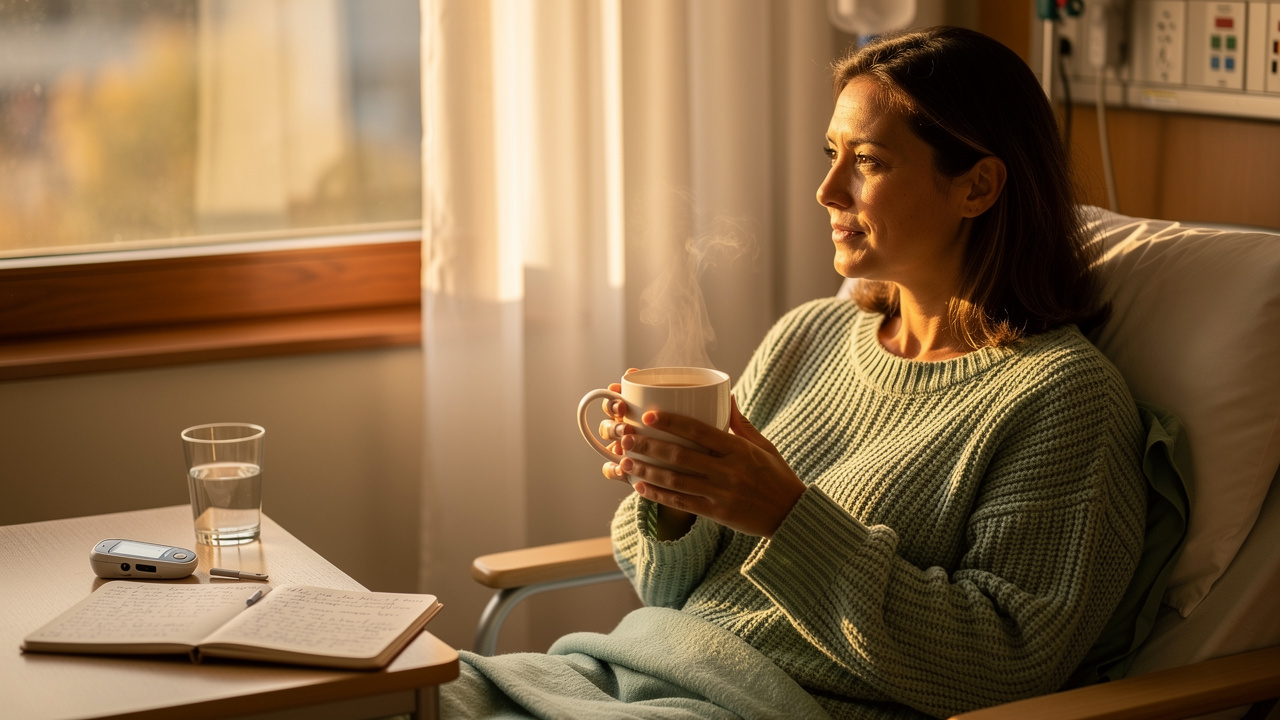 Cancer patient monitoring blood sugar calmly during treatment