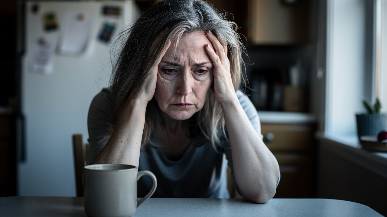 Visibly exhausted caregiver showing signs of burnout at kitchen table