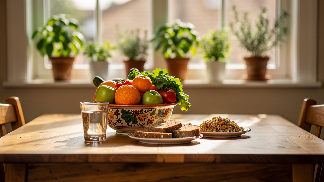 Healthy colorful meal on wooden table in natural light