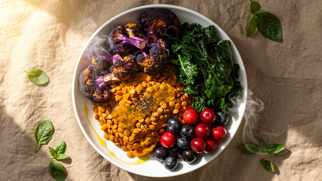 Colorful plant-rich meal bowl with turmeric lentils kale and berries