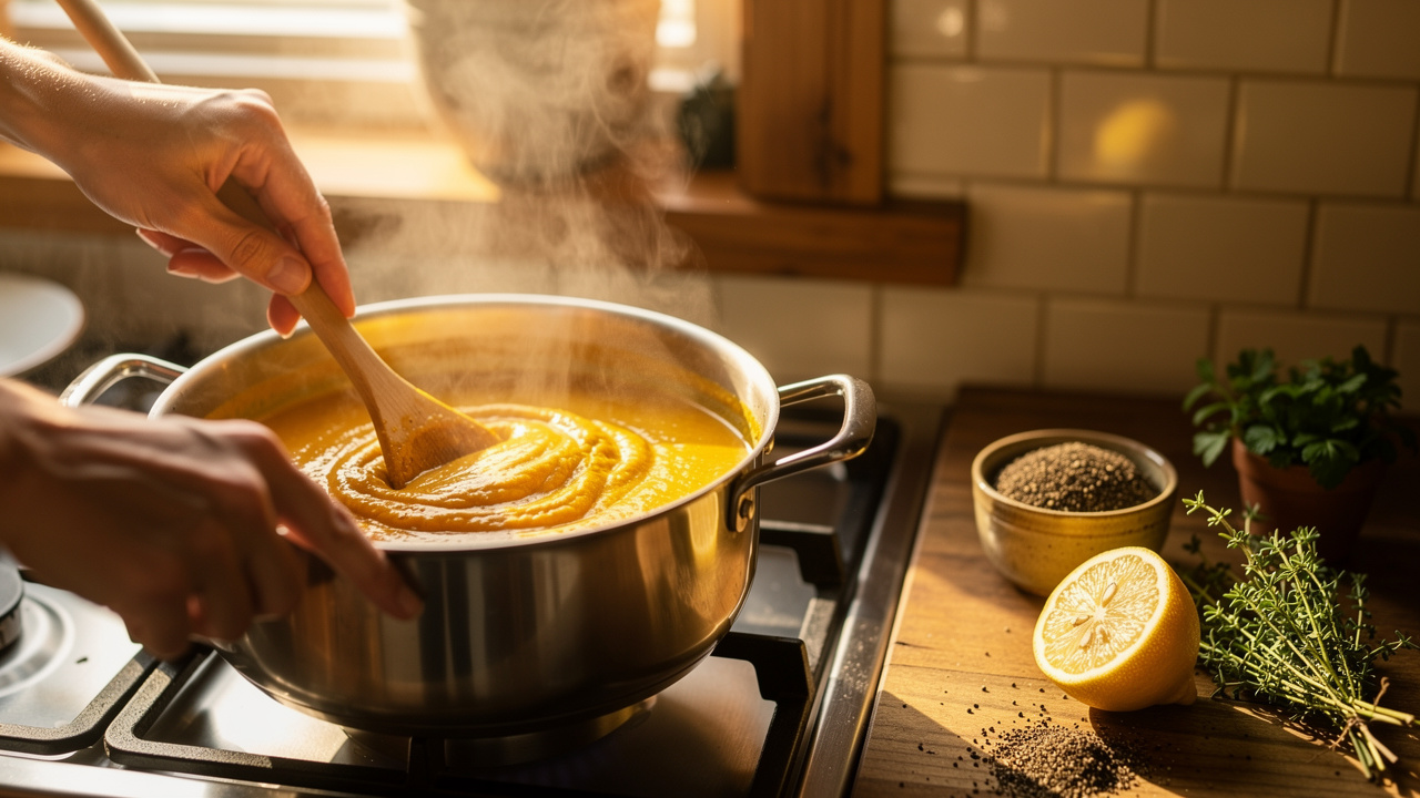 Hands stirring golden turmeric soup on kitchen stovetop