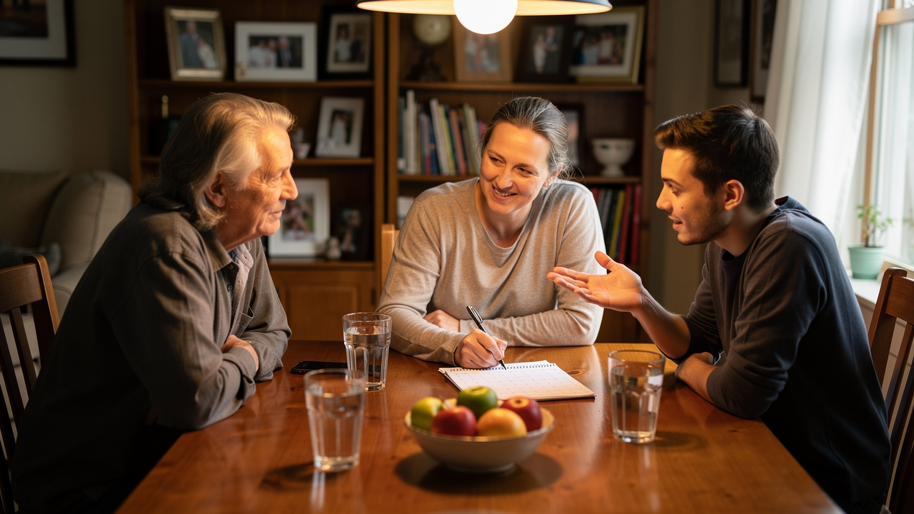 Family members communicating openly around dining table during cancer caregiving