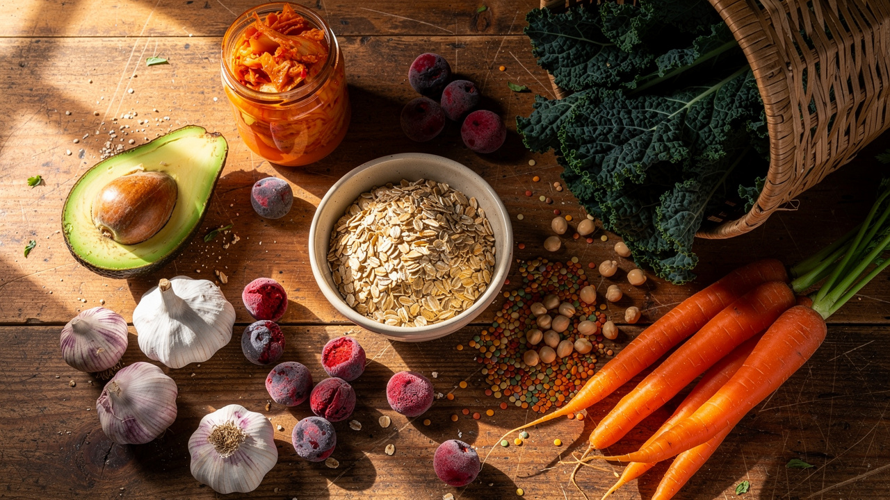 Diverse colorful plant foods supporting gut microbiome health